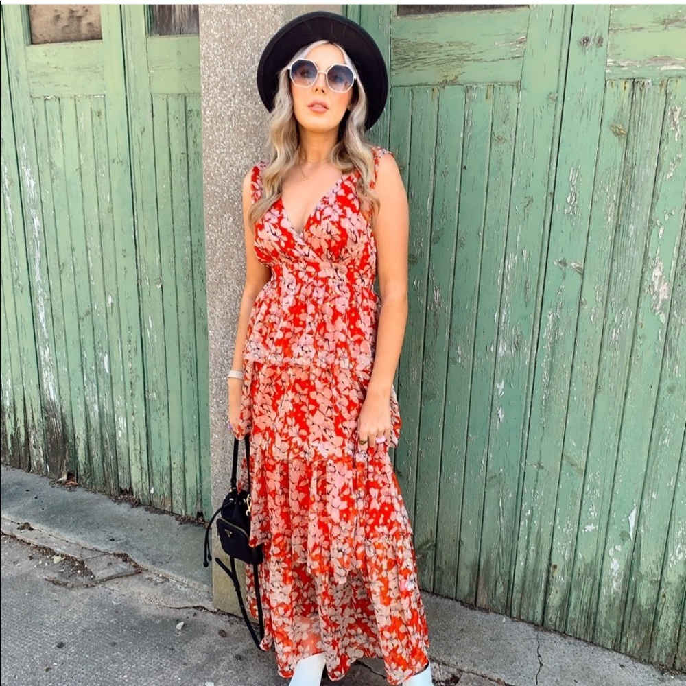 Traffic People Mia Maxi Red Floral Chiffon Dress